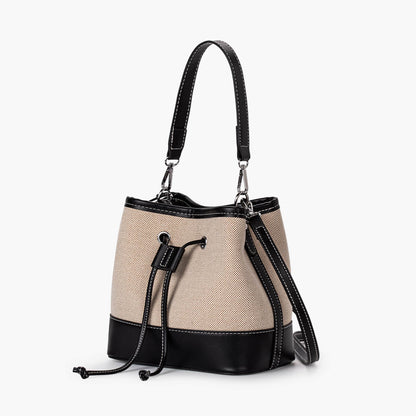 Canvas Bucket Bag with Leather Trim and Drawstring Closure