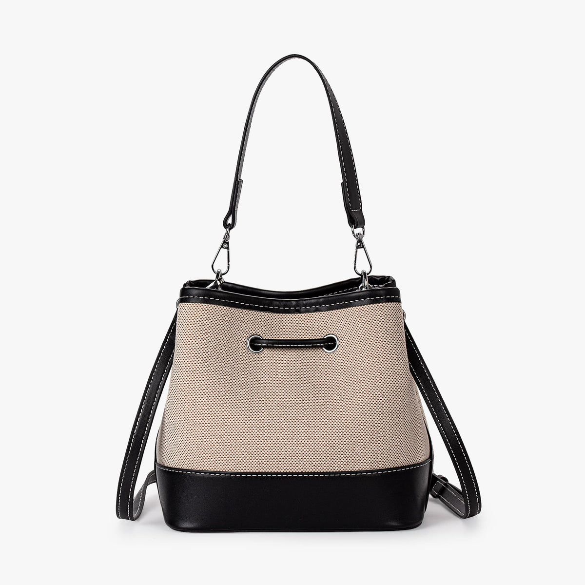 Canvas Bucket Bag with Leather Trim and Drawstring Closure