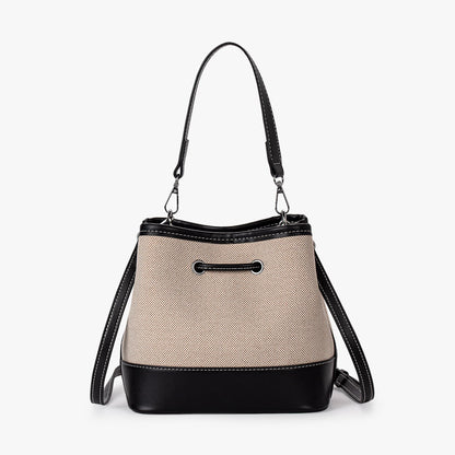 Canvas Bucket Bag with Leather Trim and Drawstring Closure