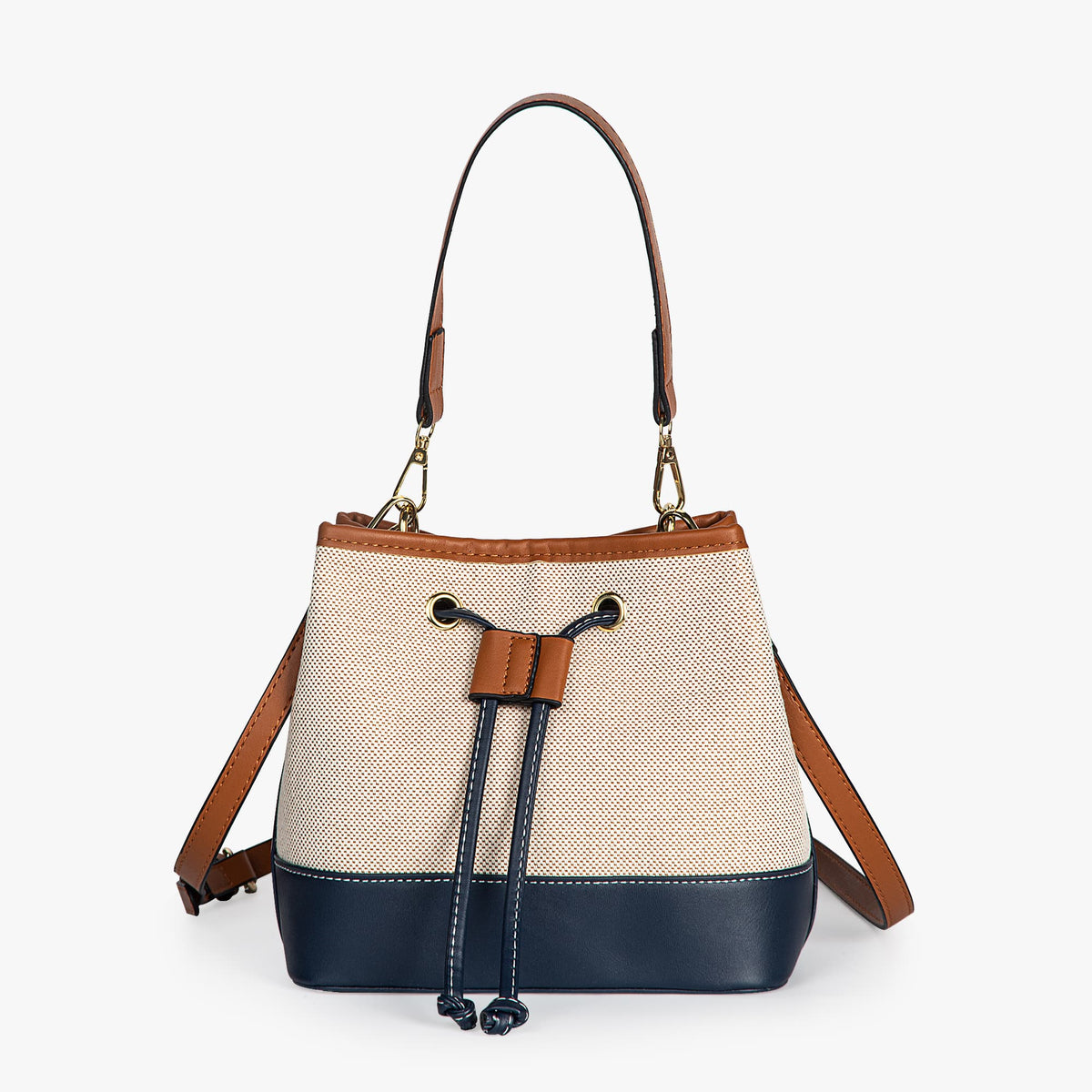Canvas Bucket Bag with Leather Trim and Drawstring Closure