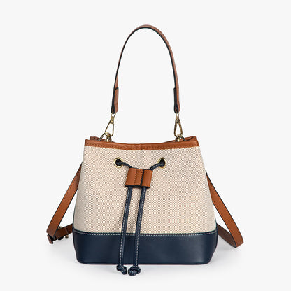 Canvas Bucket Bag with Leather Trim and Drawstring Closure