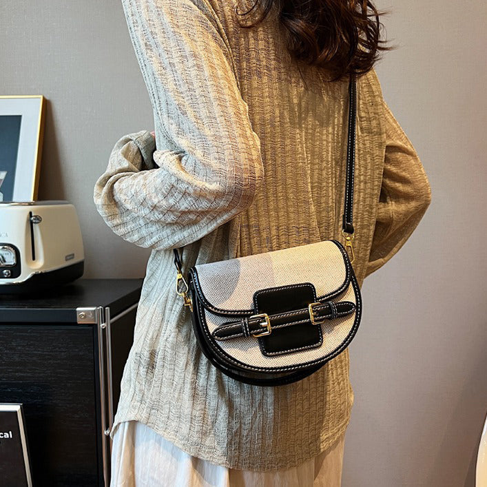 Canvas Crossbody Shoulder Bag with Double Buckle and Gold Hardware