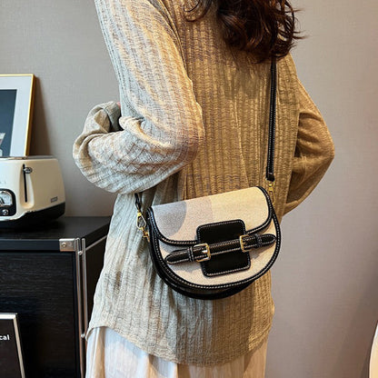 Canvas Crossbody Shoulder Bag with Double Buckle and Gold Hardware