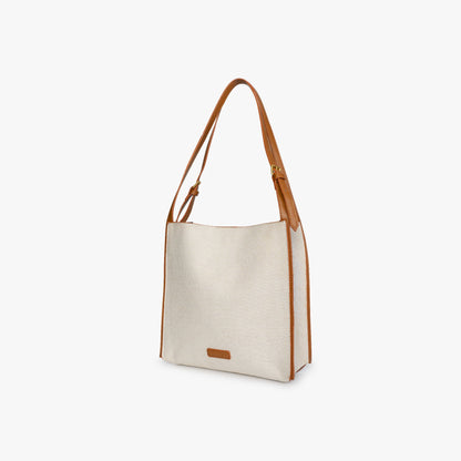 Canvas Leather Shoulder Bag with Tan Trim and Gold Hardware