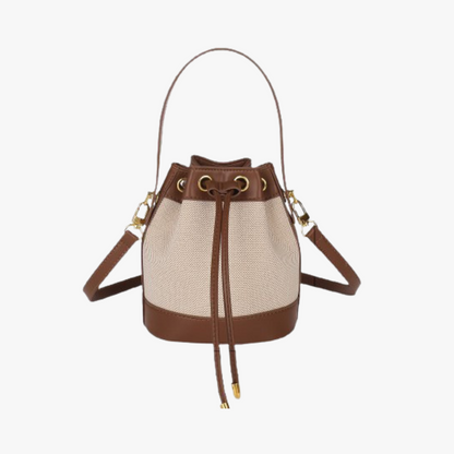 Canvas and Leather Bucket Bag with Drawstring and Gold Hardware