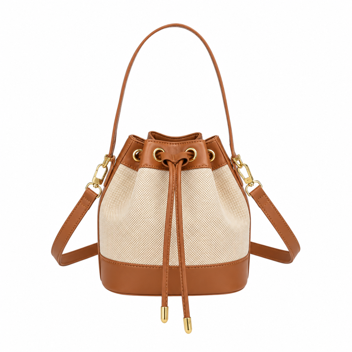 Canvas and Leather Bucket Bag with Drawstring and Gold Hardware