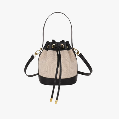 Canvas and Leather Bucket Bag with Drawstring and Gold Hardware