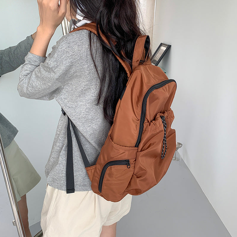 Casual Nylon Backpack with Drawstring Front Pocket