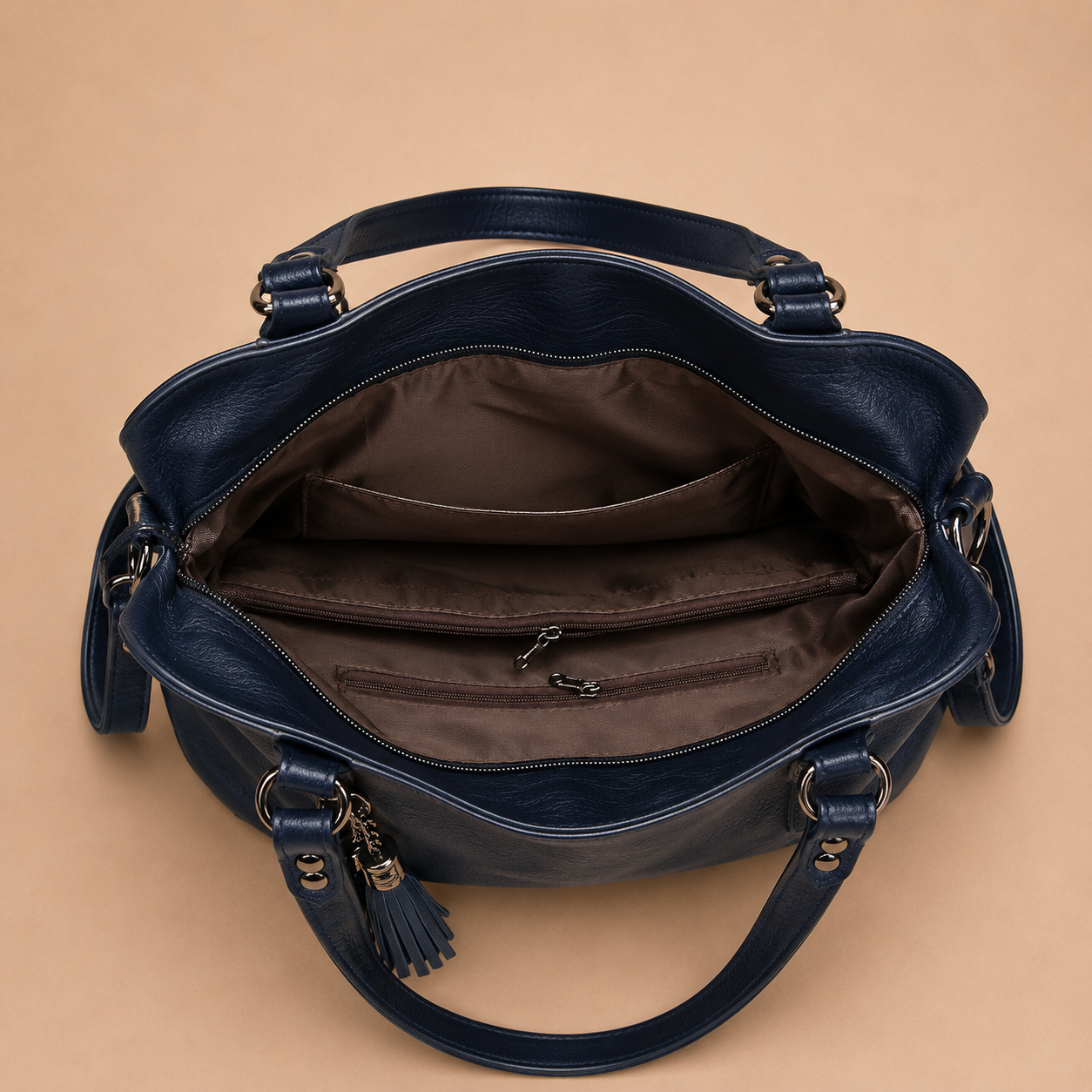Large Leather Tote Bag with Tassel Charm