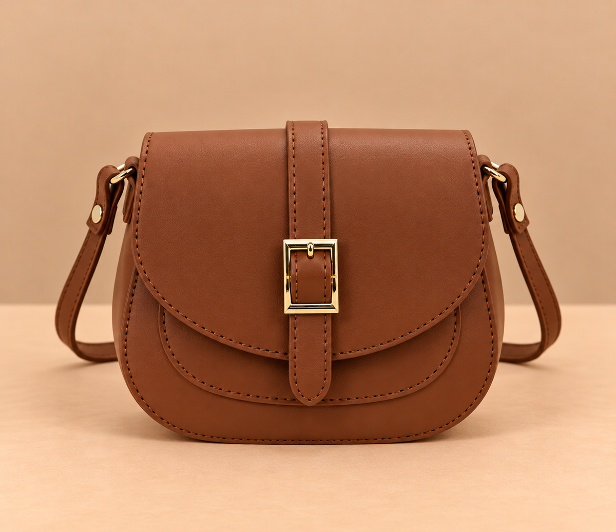 Chic Leather Crossbody Bag with Gold Buckle Flap