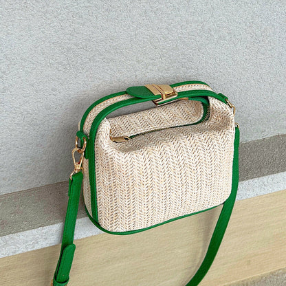 Chic Straw Crossbody Bag with Black Trim and Gold Hardware