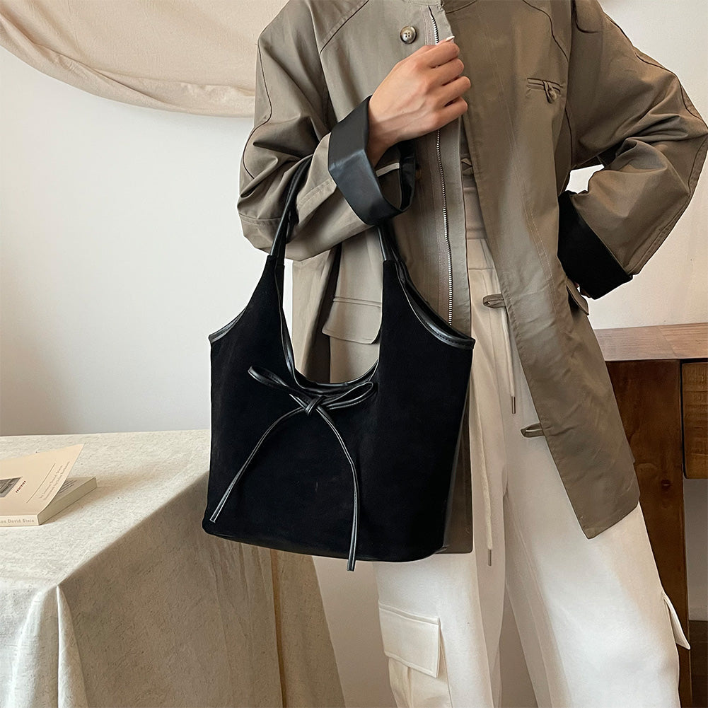 Chic Suede Shoulder Bag with Bow Detail