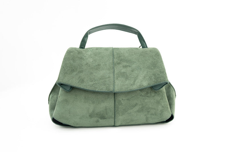 Chic Suede Shoulder Bag with Top Handle and Flap Closure