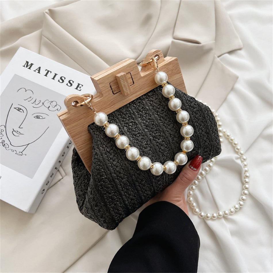 Chic Woven Straw Bag with Pearl Handle and Wood Clasp