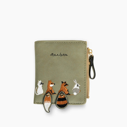Compact Leather Wallet with Embroidered Animal Detail