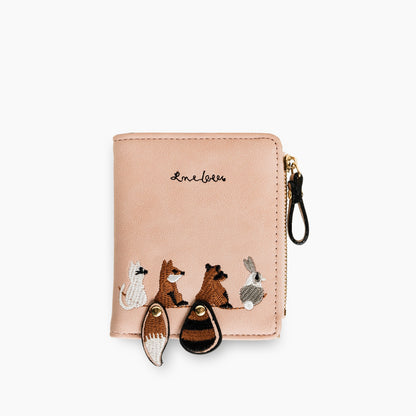 Compact Leather Wallet with Embroidered Animal Detail