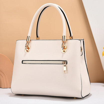 Cream Leather Shoulder Bag with Crocodile Texture and Gold Hardware