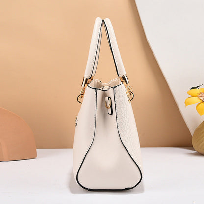 Cream Leather Shoulder Bag with Crocodile Texture and Gold Hardware
