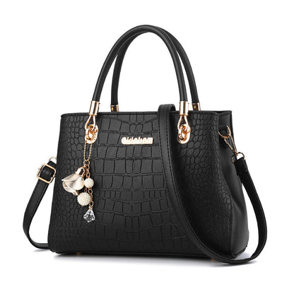 Cream Leather Shoulder Bag with Crocodile Texture and Gold Hardware