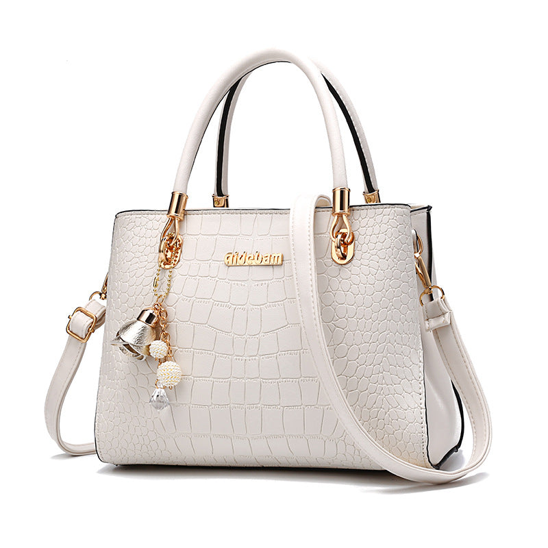 Cream Leather Shoulder Bag with Crocodile Texture and Gold Hardware