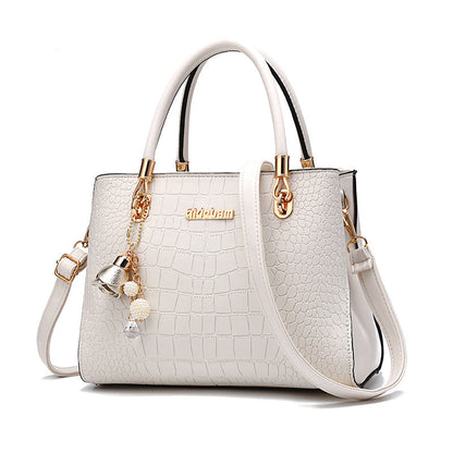Cream Leather Shoulder Bag with Crocodile Texture and Gold Hardware