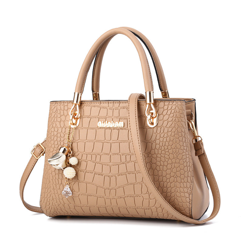 Cream Leather Shoulder Bag with Crocodile Texture and Gold Hardware