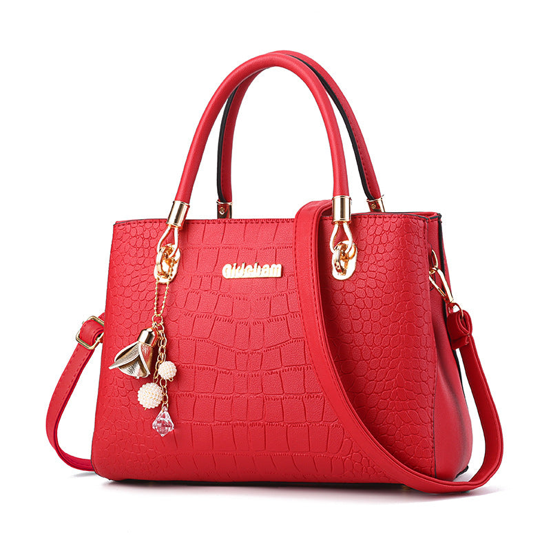 Cream Leather Shoulder Bag with Crocodile Texture and Gold Hardware