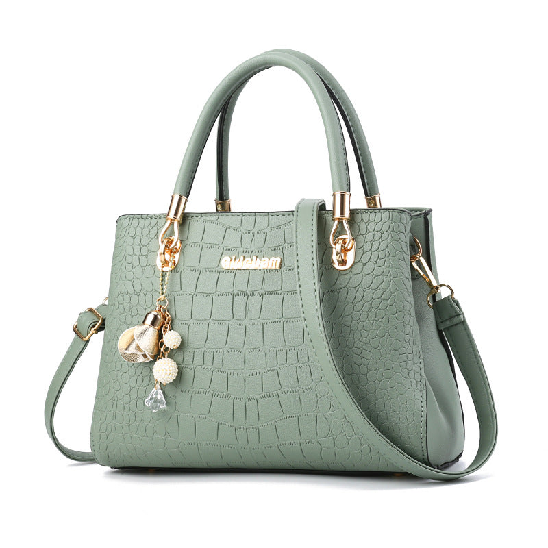 Cream Leather Shoulder Bag with Crocodile Texture and Gold Hardware
