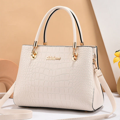 Cream Leather Shoulder Bag with Crocodile Texture and Gold Hardware