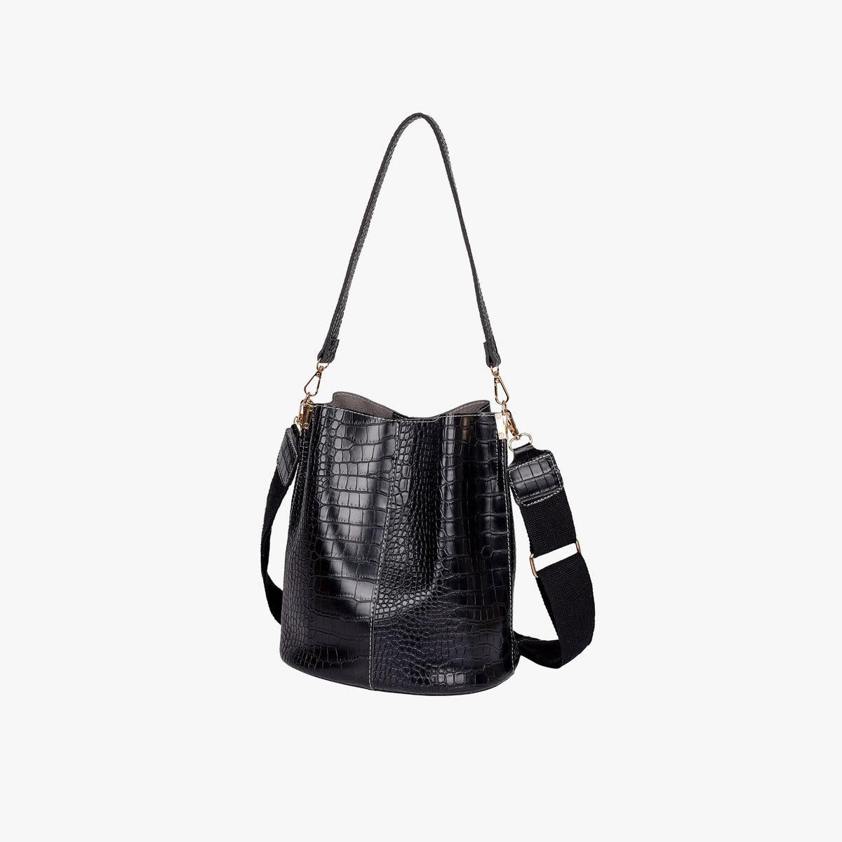 Croc Embossed Leather Bucket Shoulder Bag with Gold Hardware
