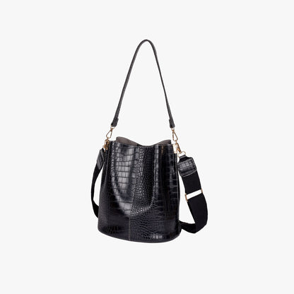 Croc Embossed Leather Bucket Shoulder Bag with Gold Hardware