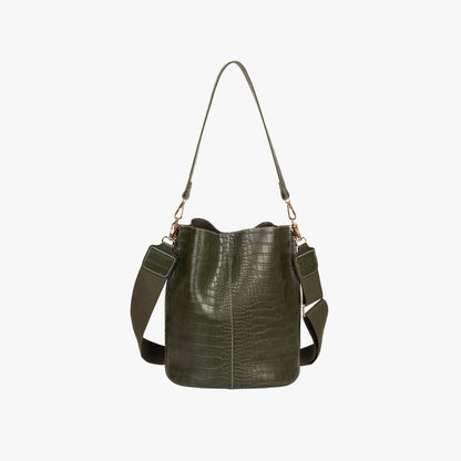 Croc Embossed Leather Bucket Shoulder Bag with Gold Hardware