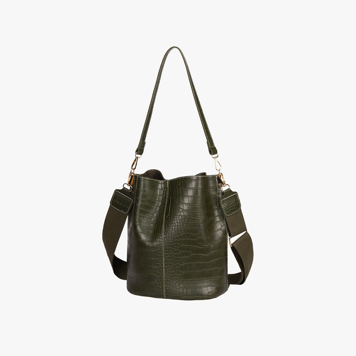 Croc Embossed Leather Bucket Shoulder Bag with Gold Hardware