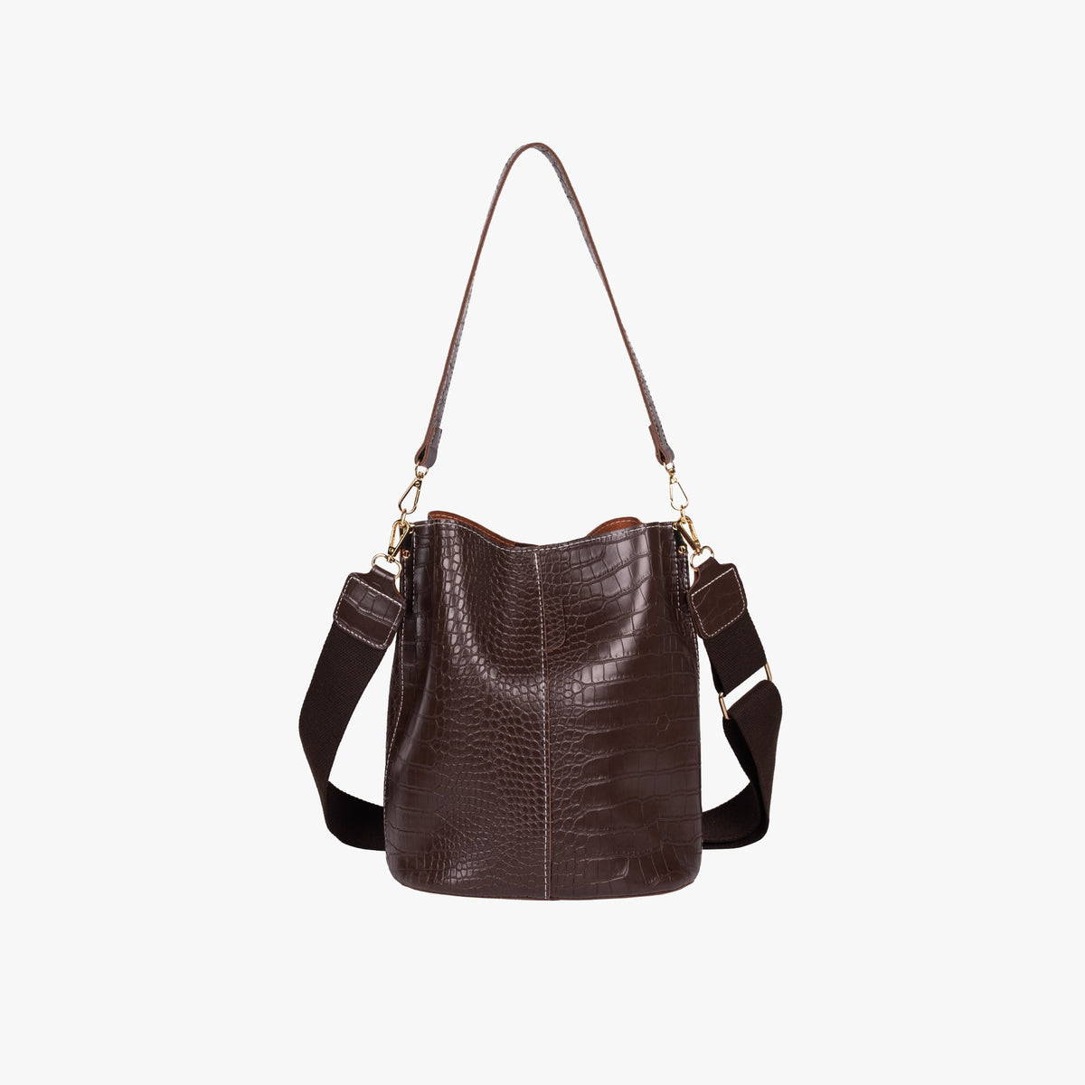 Croc Embossed Leather Bucket Shoulder Bag with Gold Hardware