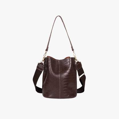 Croc Embossed Leather Bucket Shoulder Bag with Gold Hardware