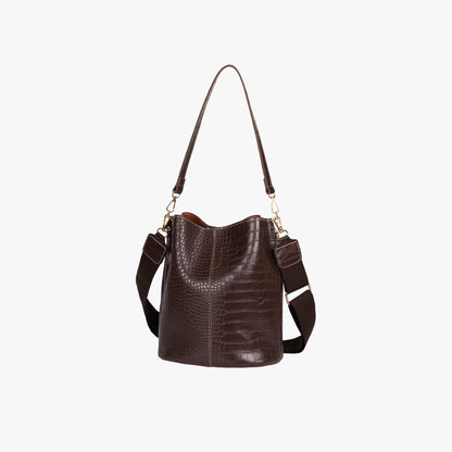 Croc Embossed Leather Bucket Shoulder Bag with Gold Hardware