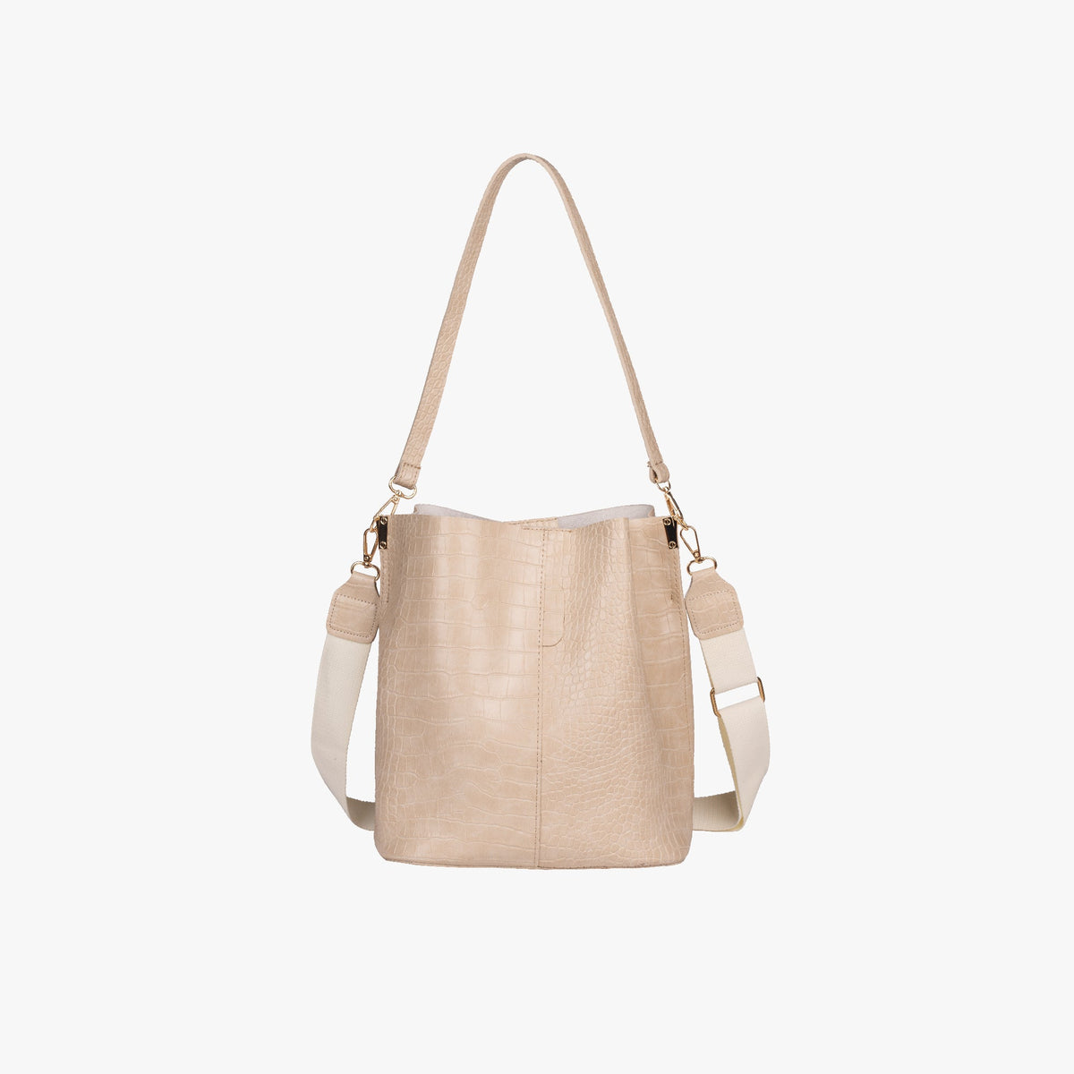 Croc Embossed Leather Bucket Shoulder Bag with Gold Hardware