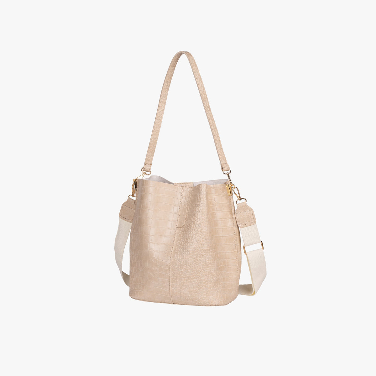 Croc Embossed Leather Bucket Shoulder Bag with Gold Hardware