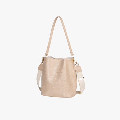 Croc Embossed Leather Bucket Shoulder Bag with Gold Hardware