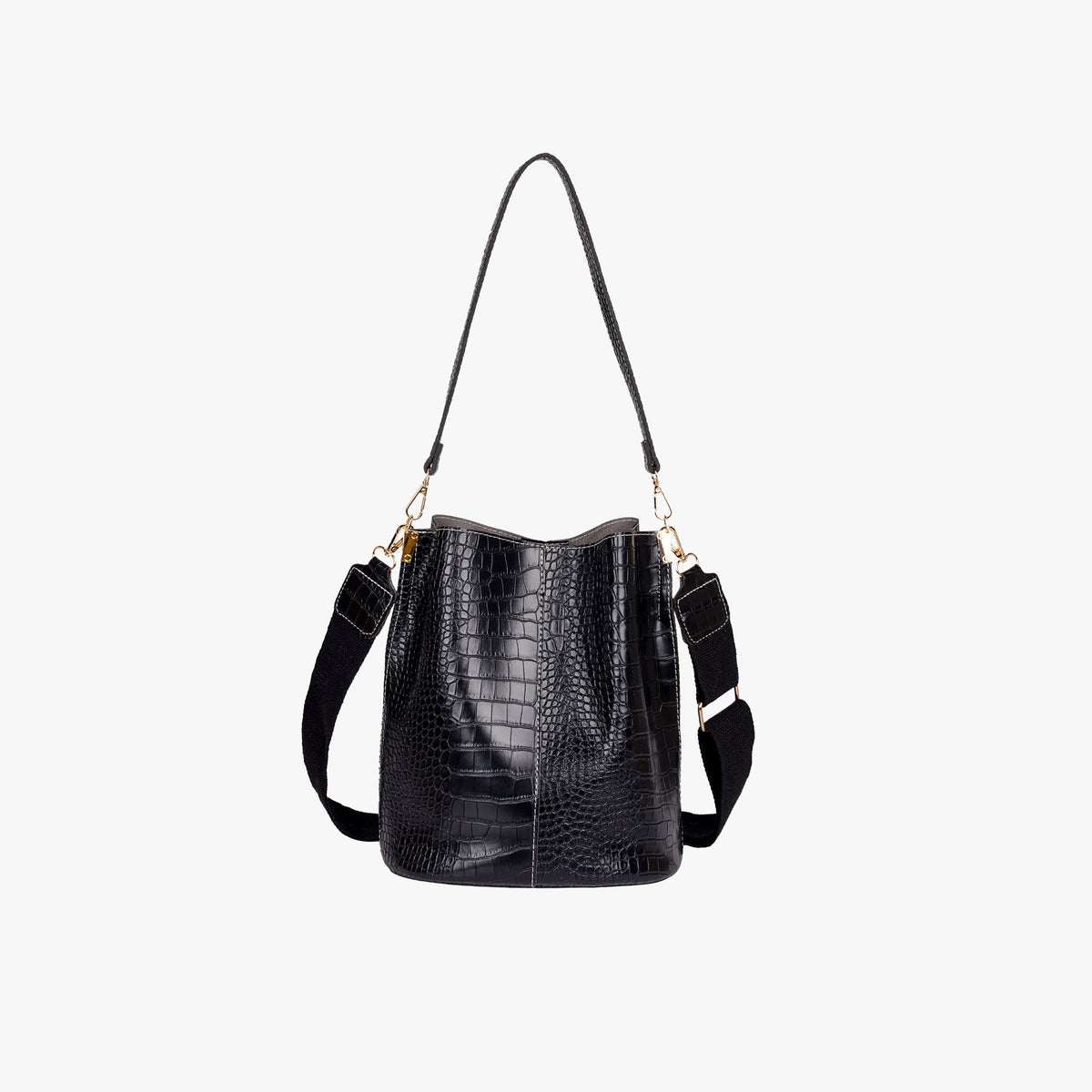 Croc Embossed Leather Bucket Shoulder Bag with Gold Hardware