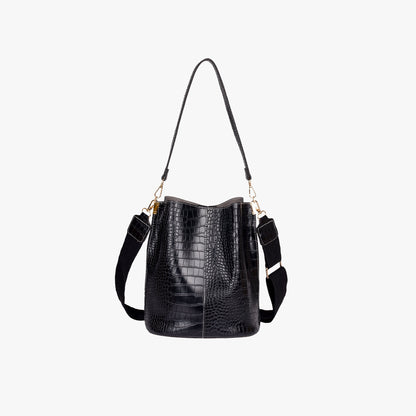 Croc Embossed Leather Bucket Shoulder Bag with Gold Hardware