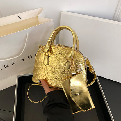 Crocodile Print Leather Shell Bag with Matching Pouch and Gold Hardware