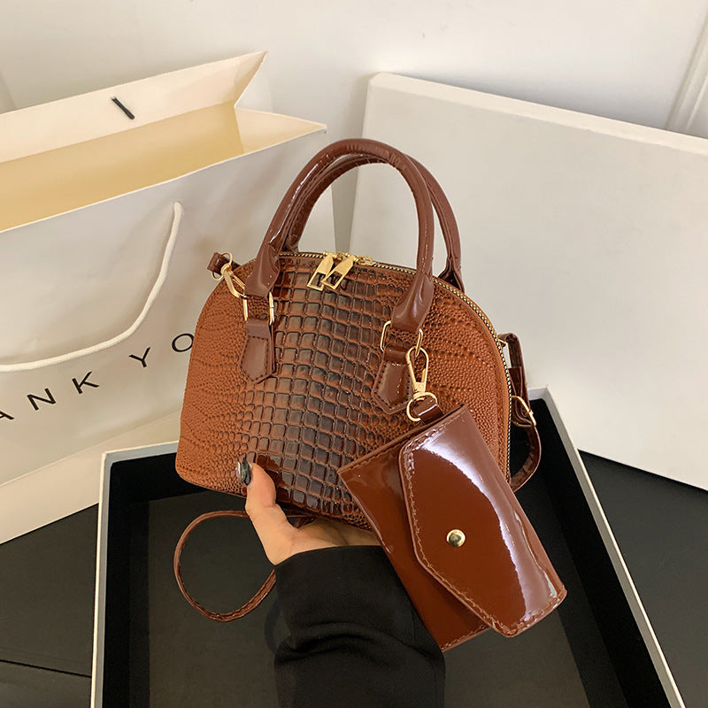 Crocodile Print Leather Shell Bag with Matching Pouch and Gold Hardware