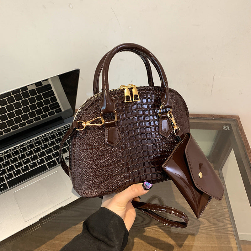 Crocodile Print Leather Shell Bag with Matching Pouch and Gold Hardware