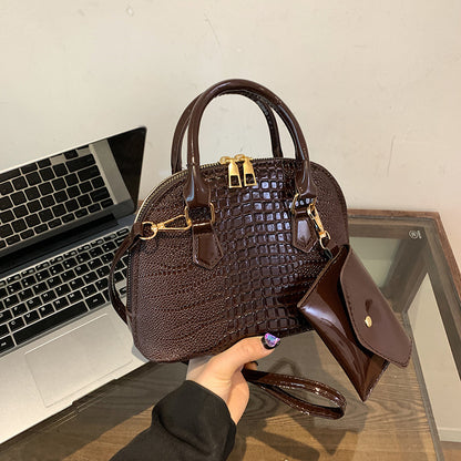 Crocodile Print Leather Shell Bag with Matching Pouch and Gold Hardware