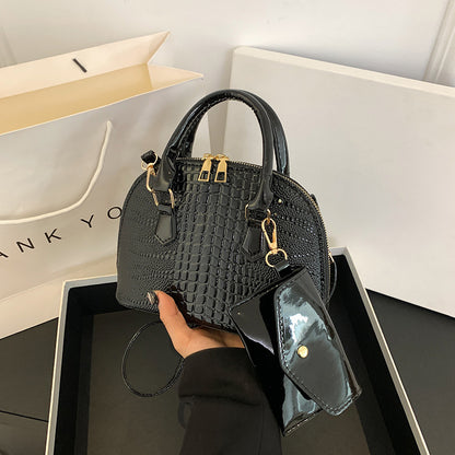 Crocodile Print Leather Shell Bag with Matching Pouch and Gold Hardware