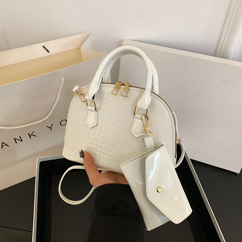 Crocodile Print Leather Shell Bag with Matching Pouch and Gold Hardware