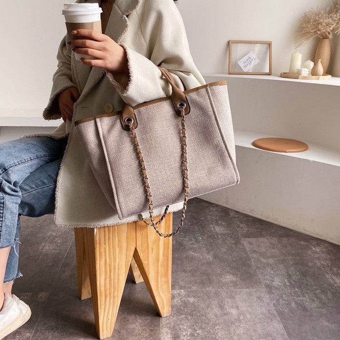 Large Canvas Tote Bag with Chain Strap and Leather Handles