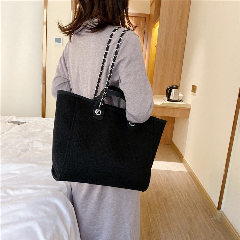 Large Canvas Tote Bag with Chain Strap and Leather Handles