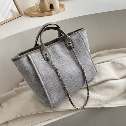 Large Canvas Tote Bag with Chain Strap and Leather Handles
